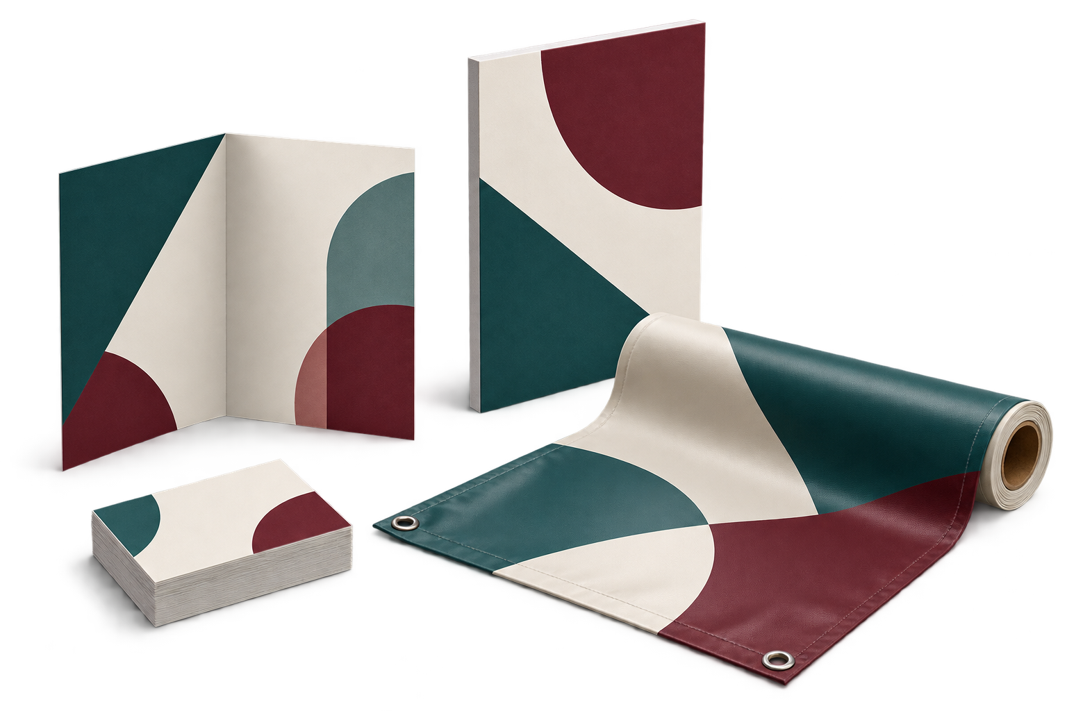 Esempi illustrativi di biglietti, brochure, pannello e banner stampati